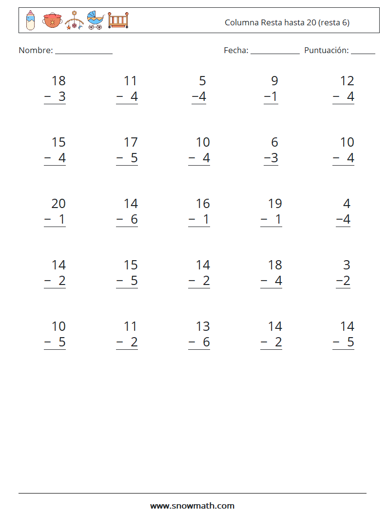 (25) Columna Resta hasta 20 (resta 6) Hojas de trabajo de matemáticas 12