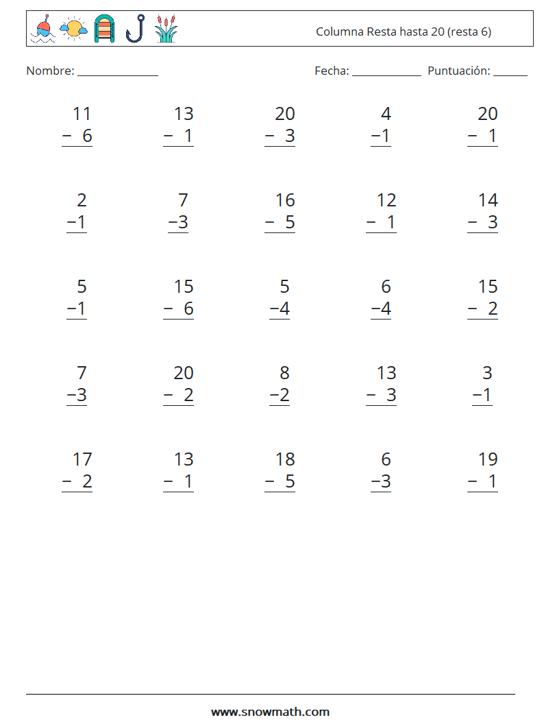 (25) Columna Resta hasta 20 (resta 6) Hojas de trabajo de matemáticas 13