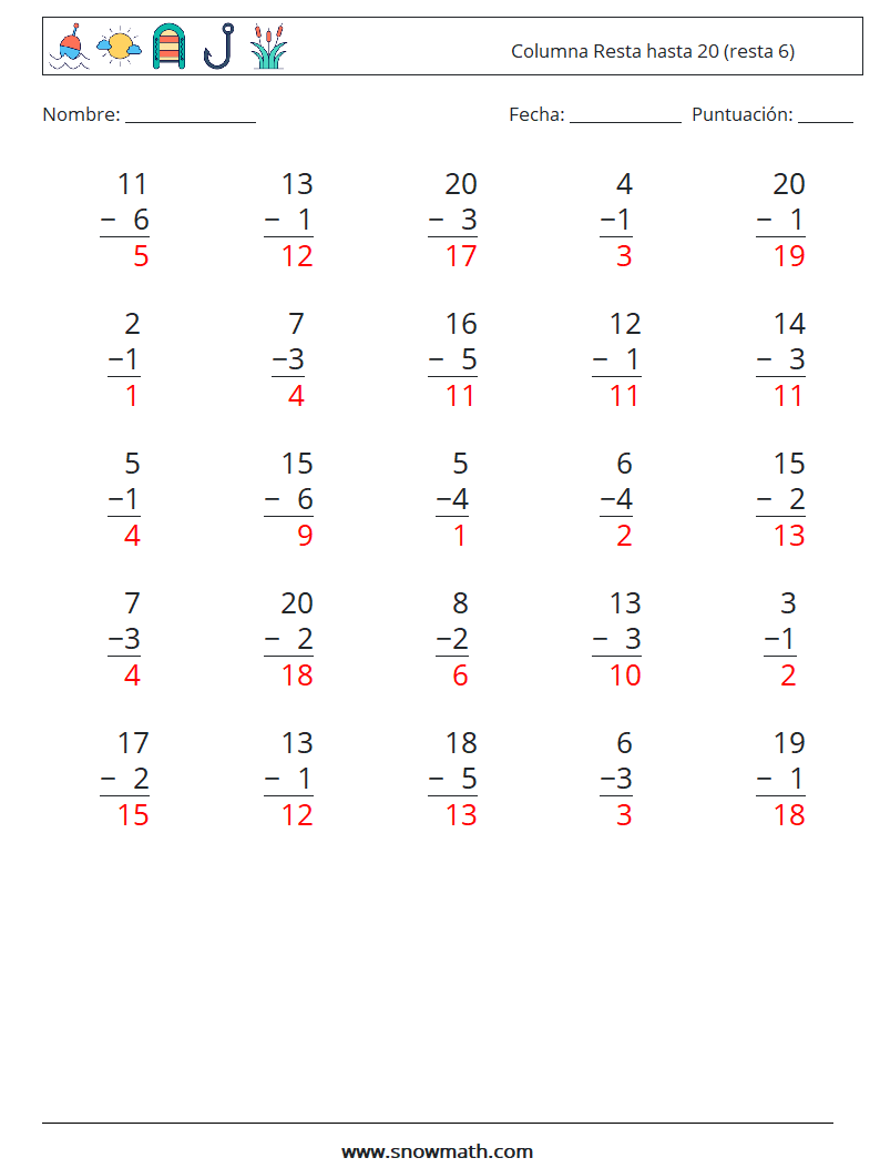 (25) Columna Resta hasta 20 (resta 6) Hojas de trabajo de matemáticas 13 Pregunta, respuesta