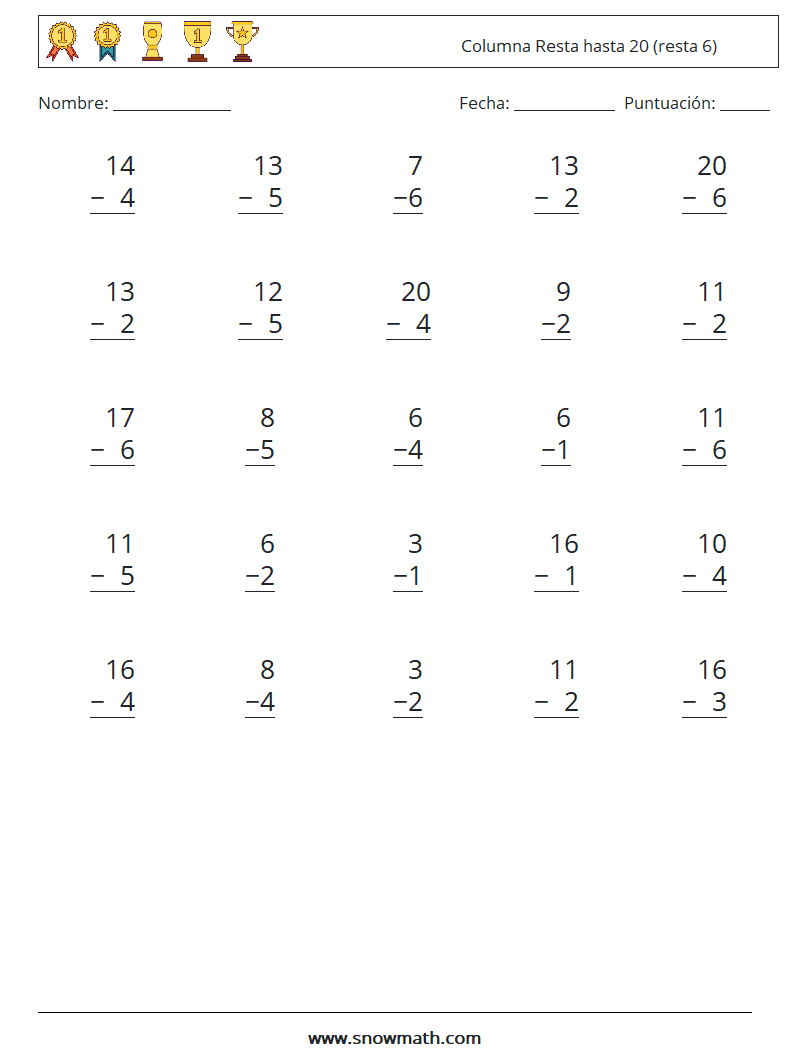 (25) Columna Resta hasta 20 (resta 6) Hojas de trabajo de matemáticas 14