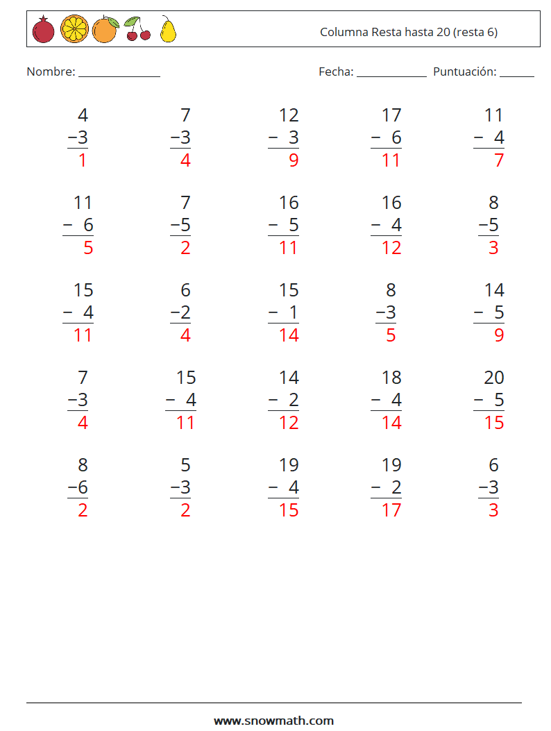 (25) Columna Resta hasta 20 (resta 6) Hojas de trabajo de matemáticas 15 Pregunta, respuesta