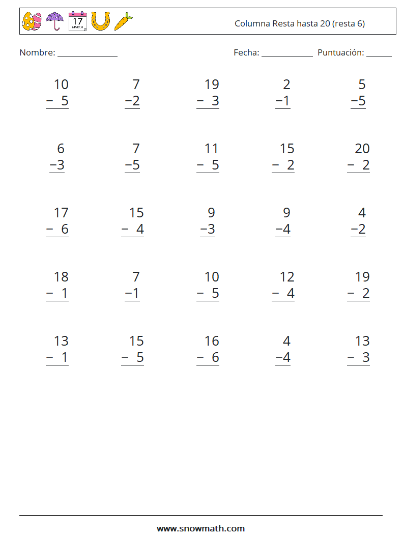 (25) Columna Resta hasta 20 (resta 6) Hojas de trabajo de matemáticas 16