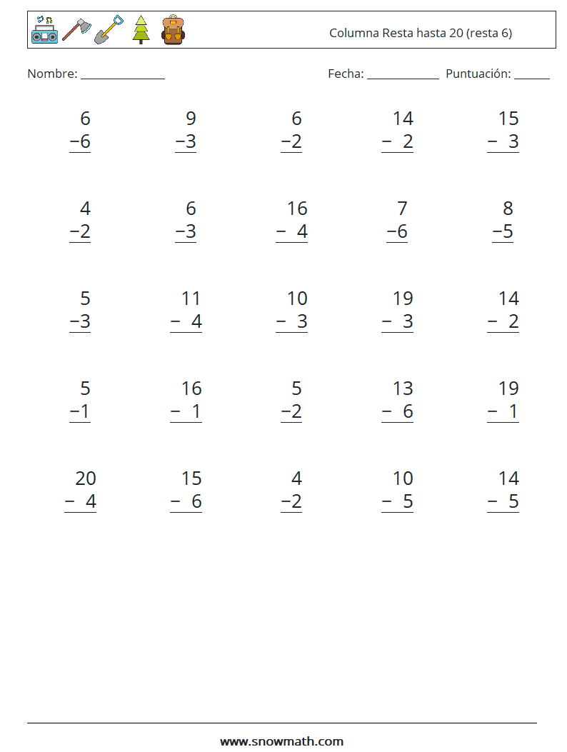 (25) Columna Resta hasta 20 (resta 6) Hojas de trabajo de matemáticas 18