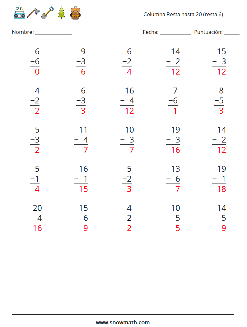 (25) Columna Resta hasta 20 (resta 6) Hojas de trabajo de matemáticas 18 Pregunta, respuesta