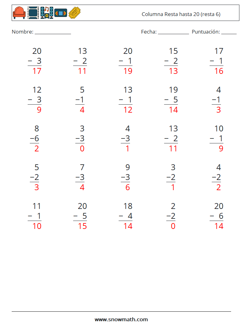 (25) Columna Resta hasta 20 (resta 6) Hojas de trabajo de matemáticas 1 Pregunta, respuesta