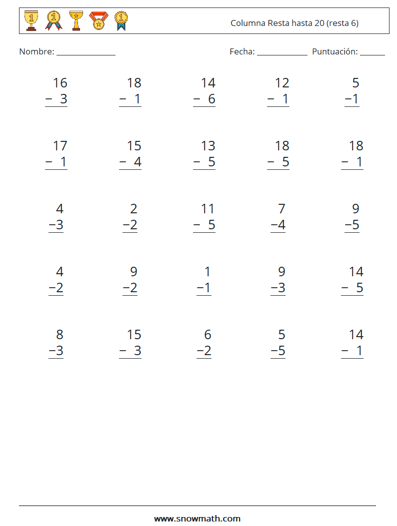 (25) Columna Resta hasta 20 (resta 6) Hojas de trabajo de matemáticas 2