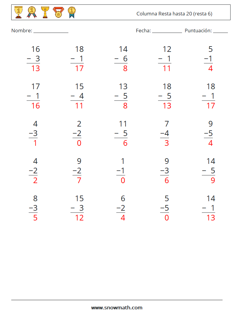 (25) Columna Resta hasta 20 (resta 6) Hojas de trabajo de matemáticas 2 Pregunta, respuesta