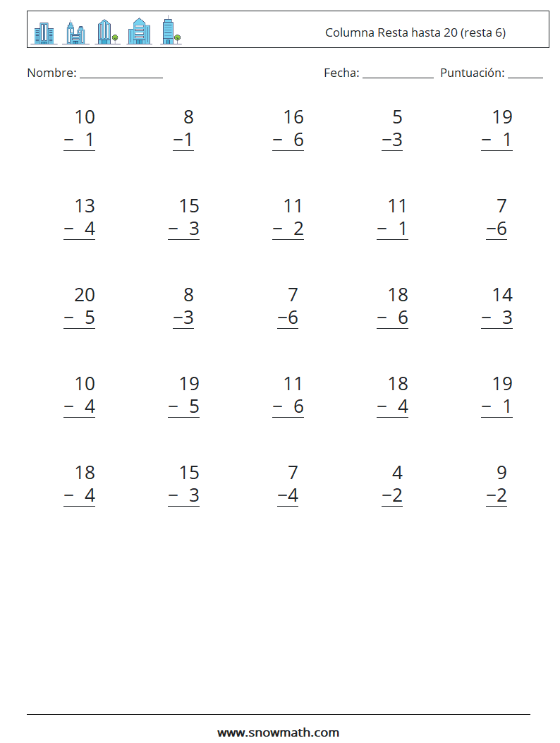 (25) Columna Resta hasta 20 (resta 6) Hojas de trabajo de matemáticas 3