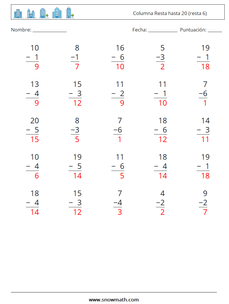 (25) Columna Resta hasta 20 (resta 6) Hojas de trabajo de matemáticas 3 Pregunta, respuesta