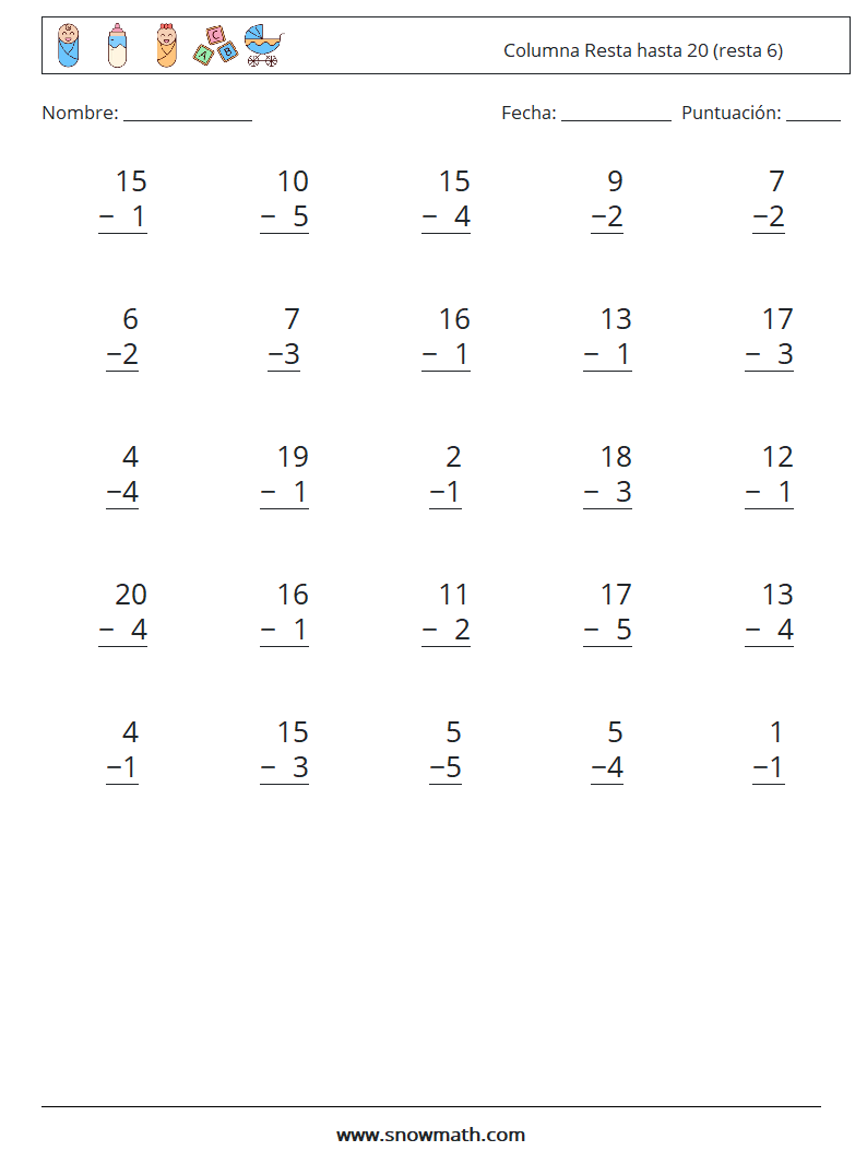 (25) Columna Resta hasta 20 (resta 6) Hojas de trabajo de matemáticas 4