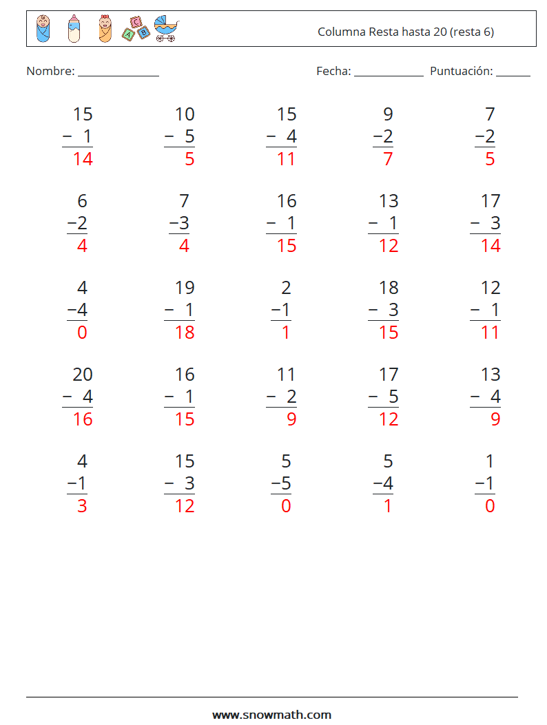 (25) Columna Resta hasta 20 (resta 6) Hojas de trabajo de matemáticas 4 Pregunta, respuesta