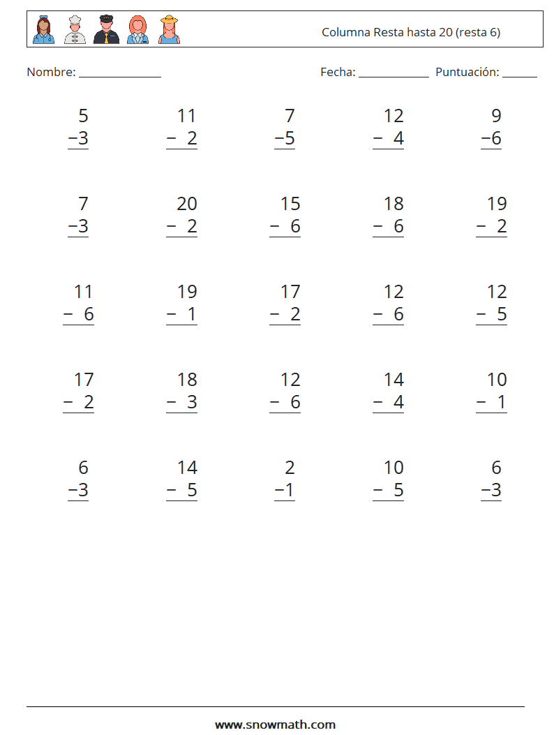 (25) Columna Resta hasta 20 (resta 6) Hojas de trabajo de matemáticas 5