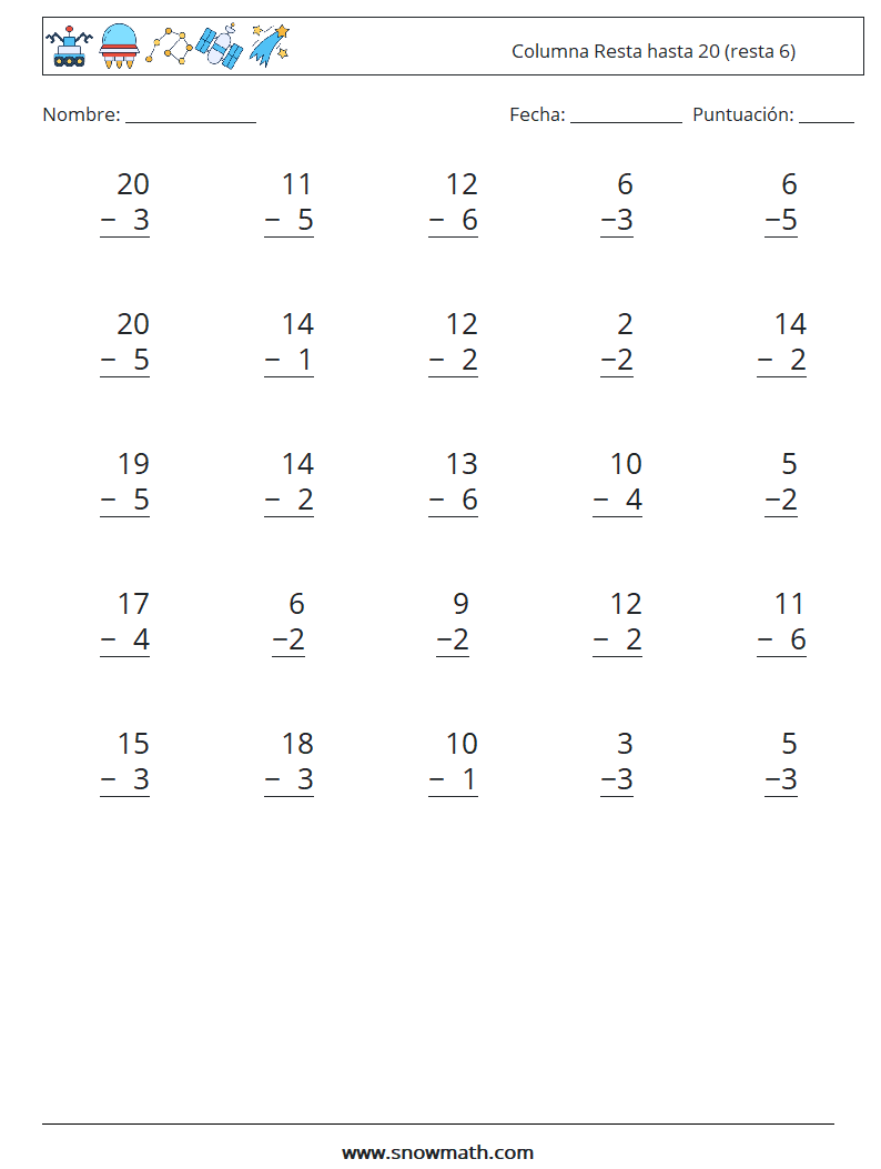 (25) Columna Resta hasta 20 (resta 6) Hojas de trabajo de matemáticas 6