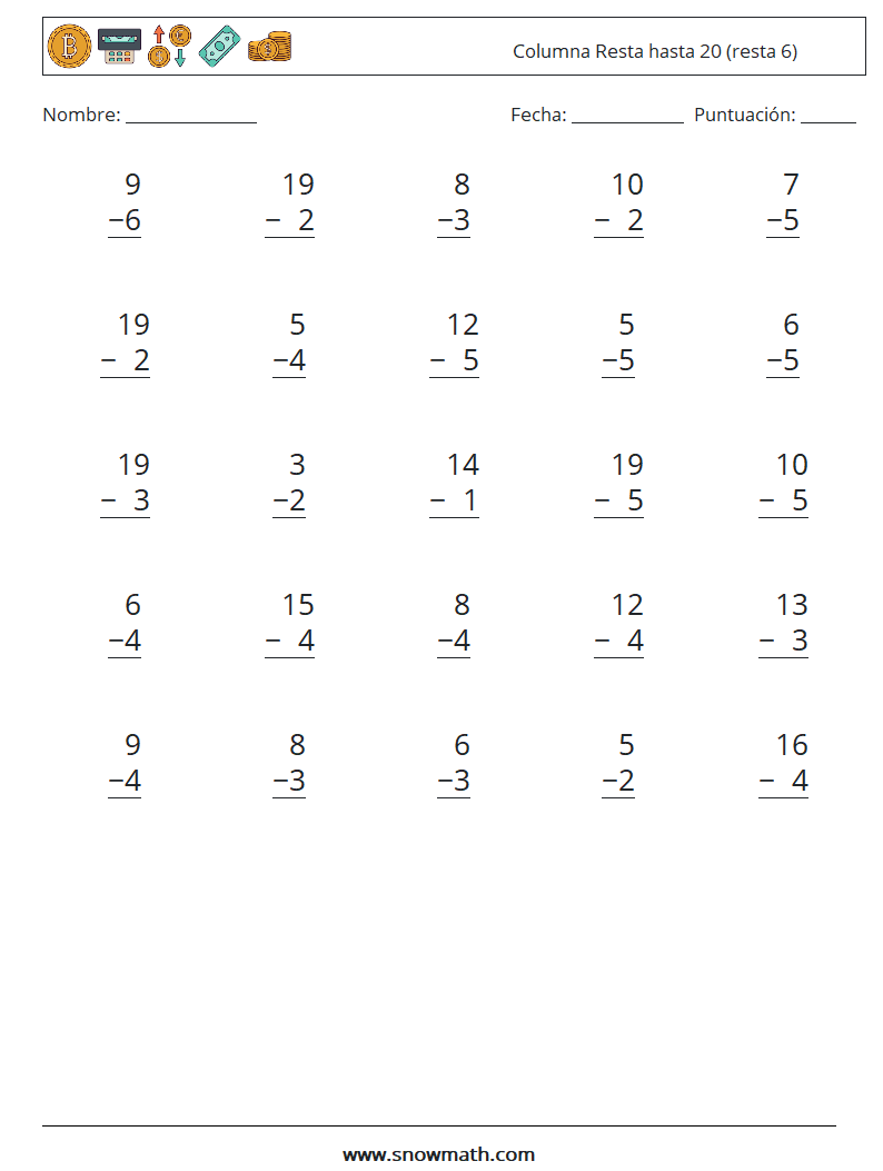 (25) Columna Resta hasta 20 (resta 6) Hojas de trabajo de matemáticas 7