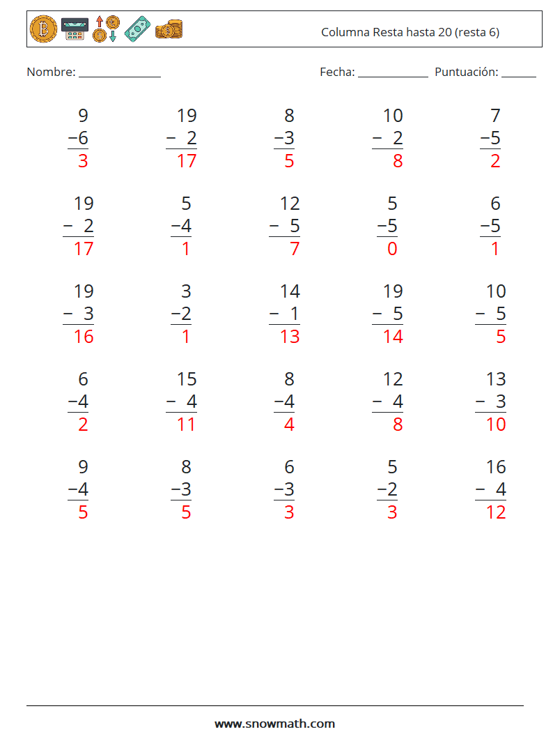 (25) Columna Resta hasta 20 (resta 6) Hojas de trabajo de matemáticas 7 Pregunta, respuesta