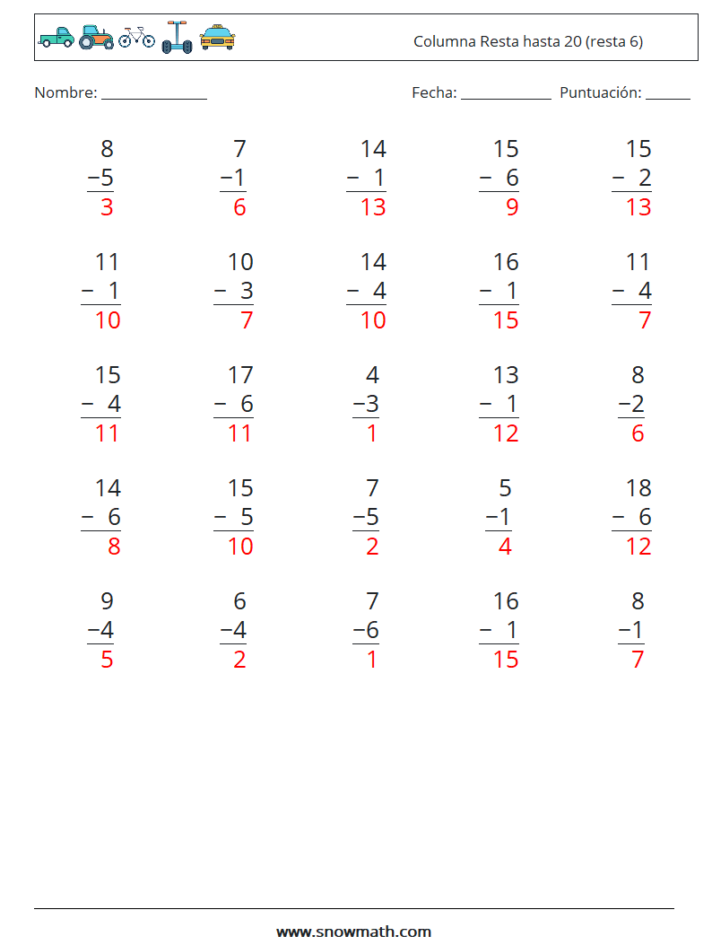 (25) Columna Resta hasta 20 (resta 6) Hojas de trabajo de matemáticas 8 Pregunta, respuesta