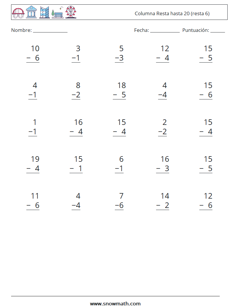 (25) Columna Resta hasta 20 (resta 6) Hojas de trabajo de matemáticas 9