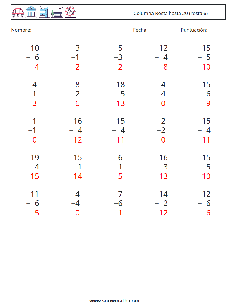 (25) Columna Resta hasta 20 (resta 6) Hojas de trabajo de matemáticas 9 Pregunta, respuesta