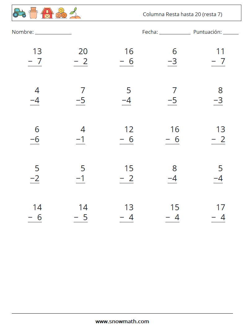 (25) Columna Resta hasta 20 (resta 7) Hojas de trabajo de matemáticas 1