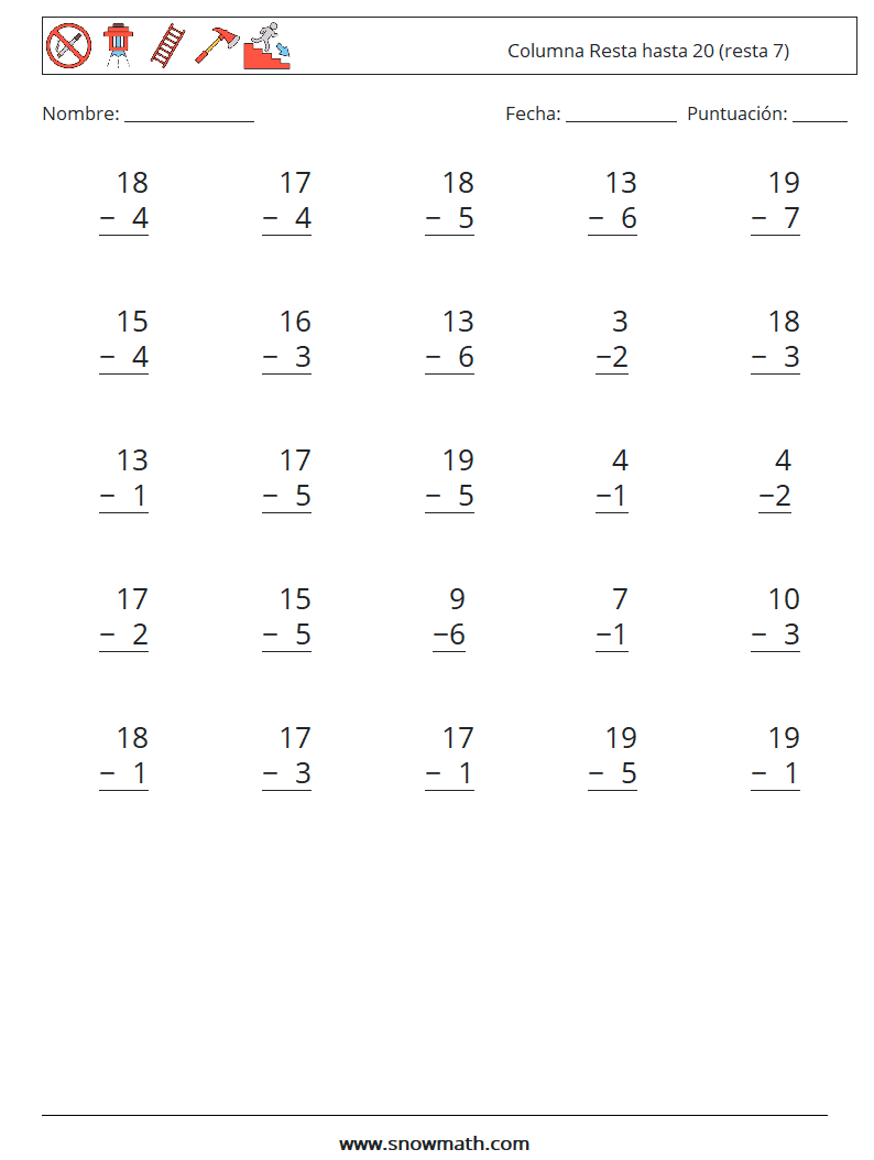 (25) Columna Resta hasta 20 (resta 7) Hojas de trabajo de matemáticas 11