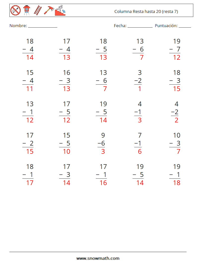 (25) Columna Resta hasta 20 (resta 7) Hojas de trabajo de matemáticas 11 Pregunta, respuesta