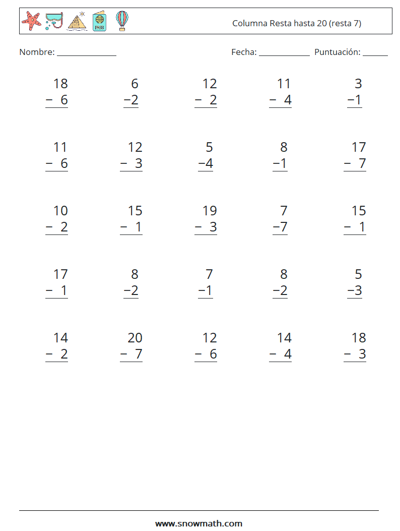 (25) Columna Resta hasta 20 (resta 7) Hojas de trabajo de matemáticas 12