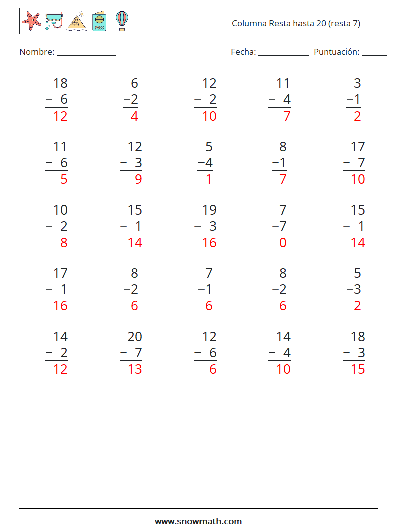 (25) Columna Resta hasta 20 (resta 7) Hojas de trabajo de matemáticas 12 Pregunta, respuesta