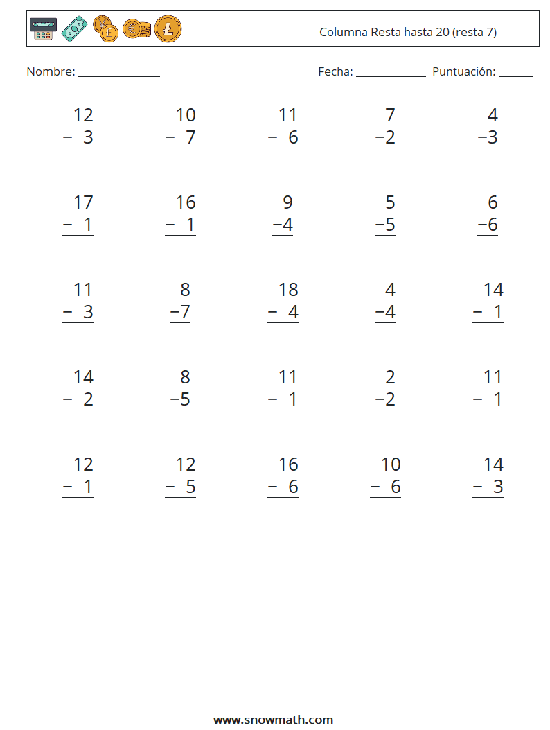 (25) Columna Resta hasta 20 (resta 7) Hojas de trabajo de matemáticas 14