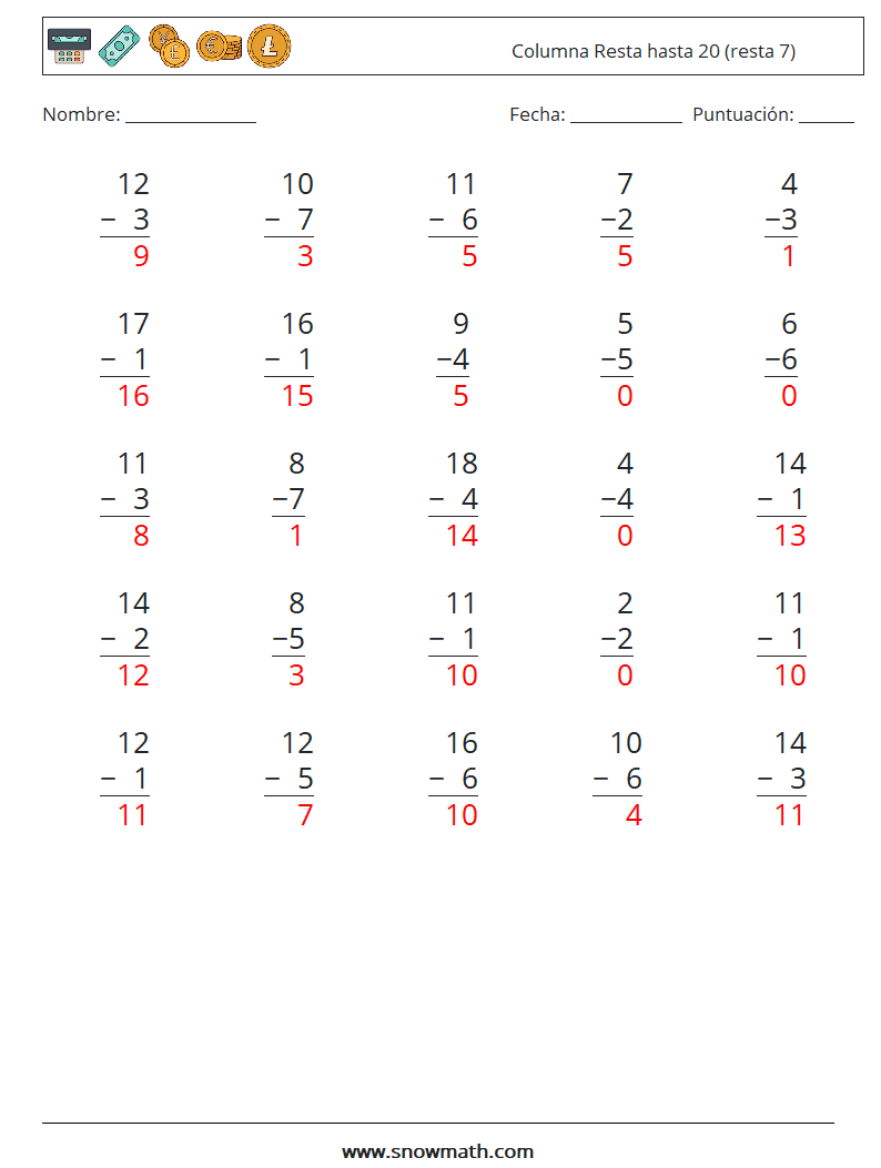 (25) Columna Resta hasta 20 (resta 7) Hojas de trabajo de matemáticas 14 Pregunta, respuesta