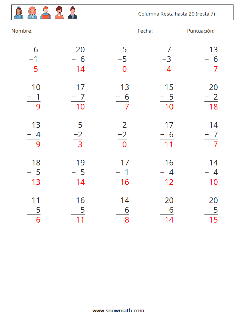 (25) Columna Resta hasta 20 (resta 7) Hojas de trabajo de matemáticas 15 Pregunta, respuesta