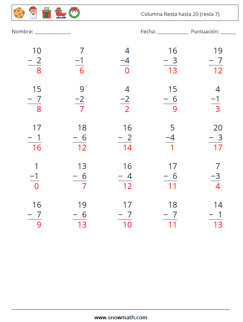 (25) Columna Resta hasta 20 (resta 7) Hojas de trabajo de matemáticas 16 Pregunta, respuesta