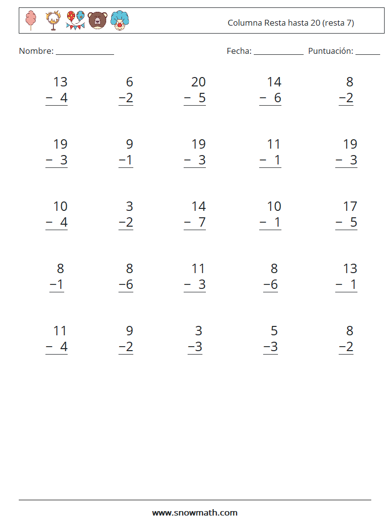 (25) Columna Resta hasta 20 (resta 7) Hojas de trabajo de matemáticas 17