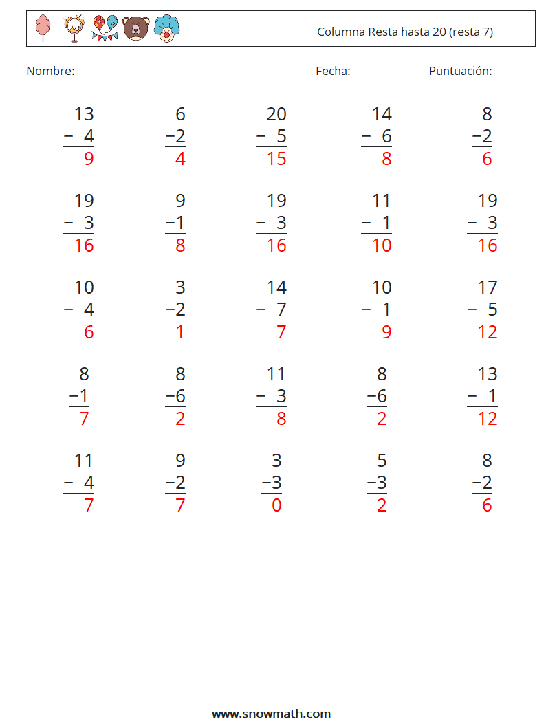 (25) Columna Resta hasta 20 (resta 7) Hojas de trabajo de matemáticas 17 Pregunta, respuesta