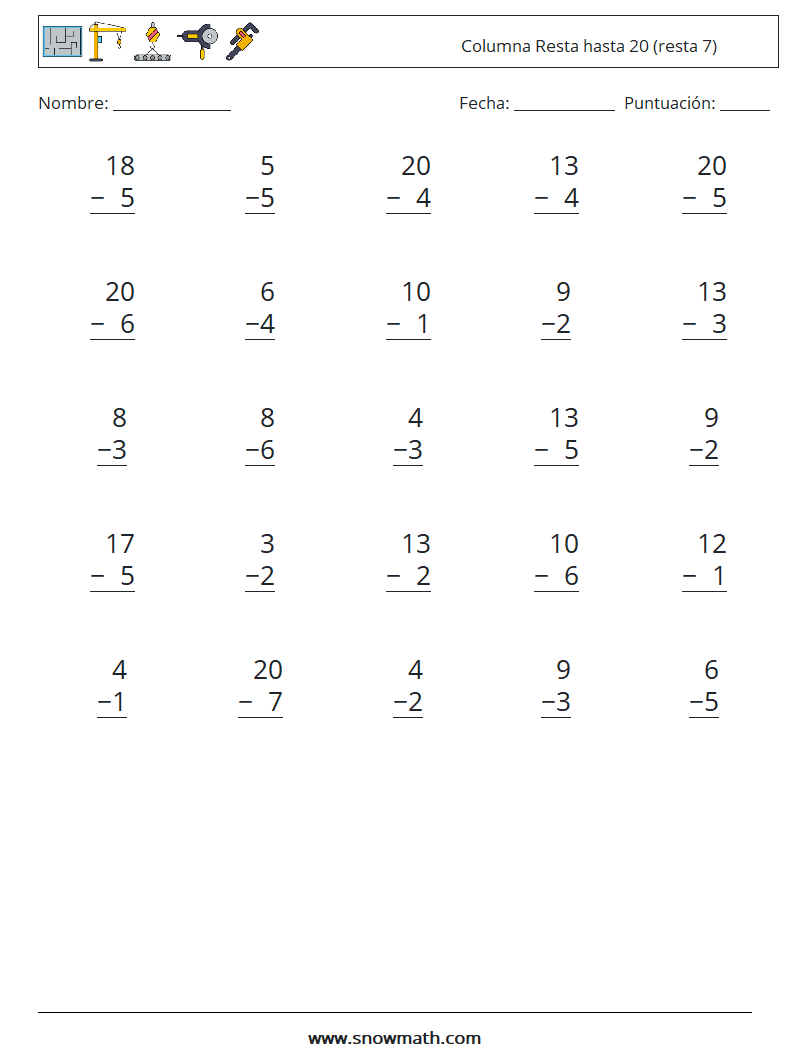 (25) Columna Resta hasta 20 (resta 7) Hojas de trabajo de matemáticas 18