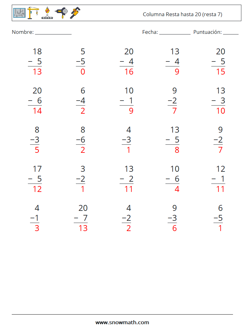 (25) Columna Resta hasta 20 (resta 7) Hojas de trabajo de matemáticas 18 Pregunta, respuesta