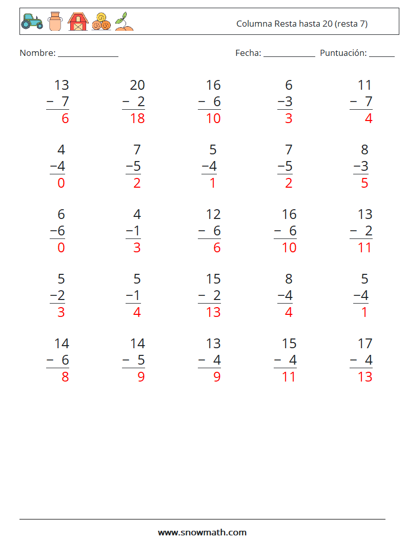 (25) Columna Resta hasta 20 (resta 7) Hojas de trabajo de matemáticas 1 Pregunta, respuesta