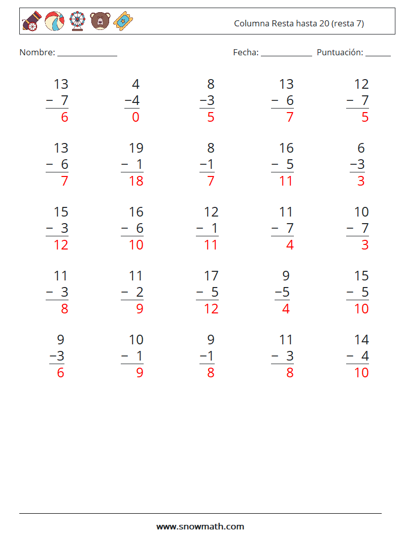 (25) Columna Resta hasta 20 (resta 7) Hojas de trabajo de matemáticas 3 Pregunta, respuesta