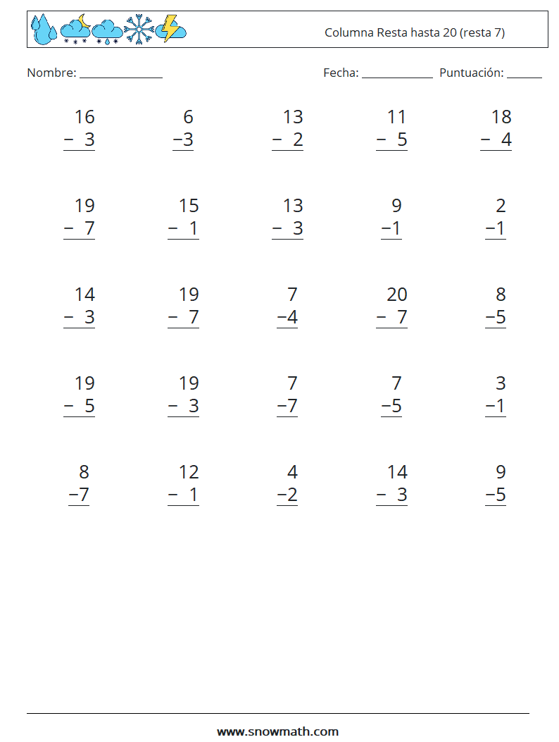 (25) Columna Resta hasta 20 (resta 7) Hojas de trabajo de matemáticas 4