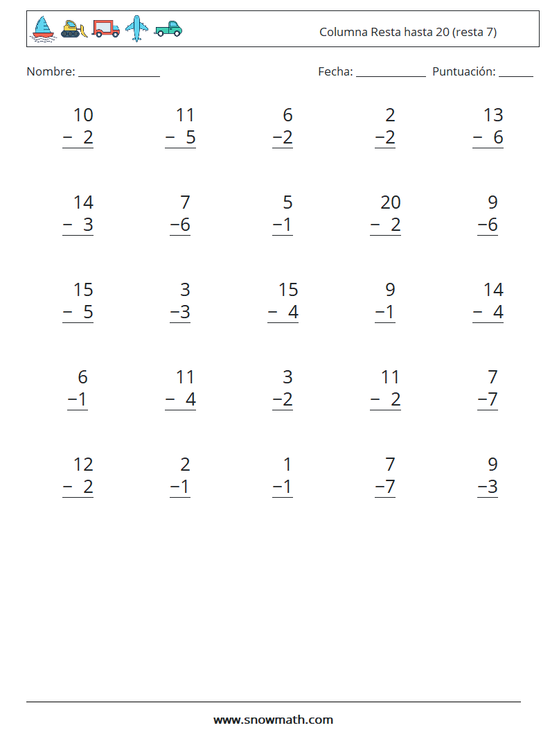 (25) Columna Resta hasta 20 (resta 7) Hojas de trabajo de matemáticas 5