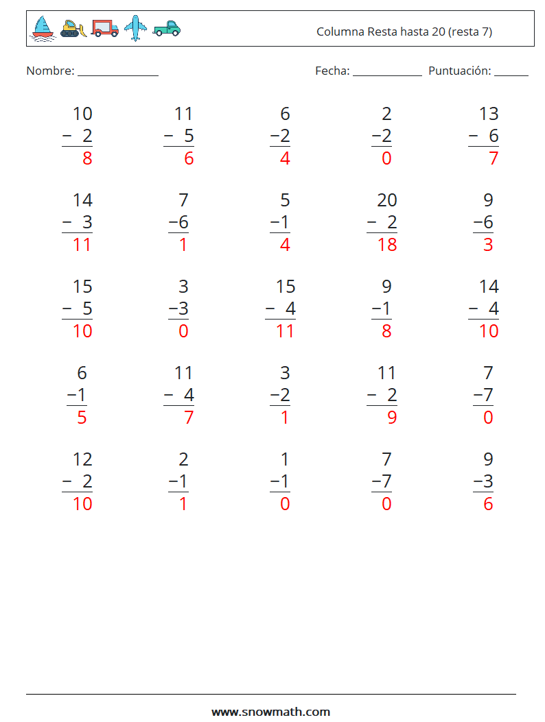 (25) Columna Resta hasta 20 (resta 7) Hojas de trabajo de matemáticas 5 Pregunta, respuesta