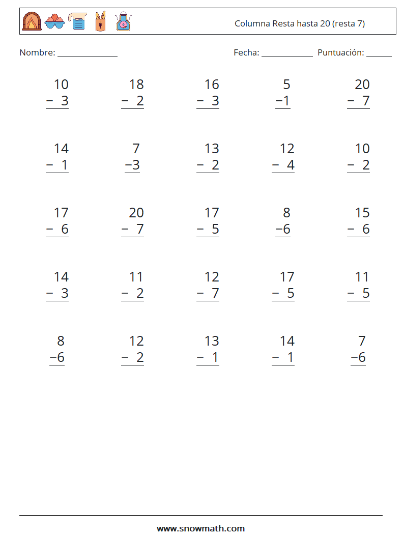 (25) Columna Resta hasta 20 (resta 7) Hojas de trabajo de matemáticas 6