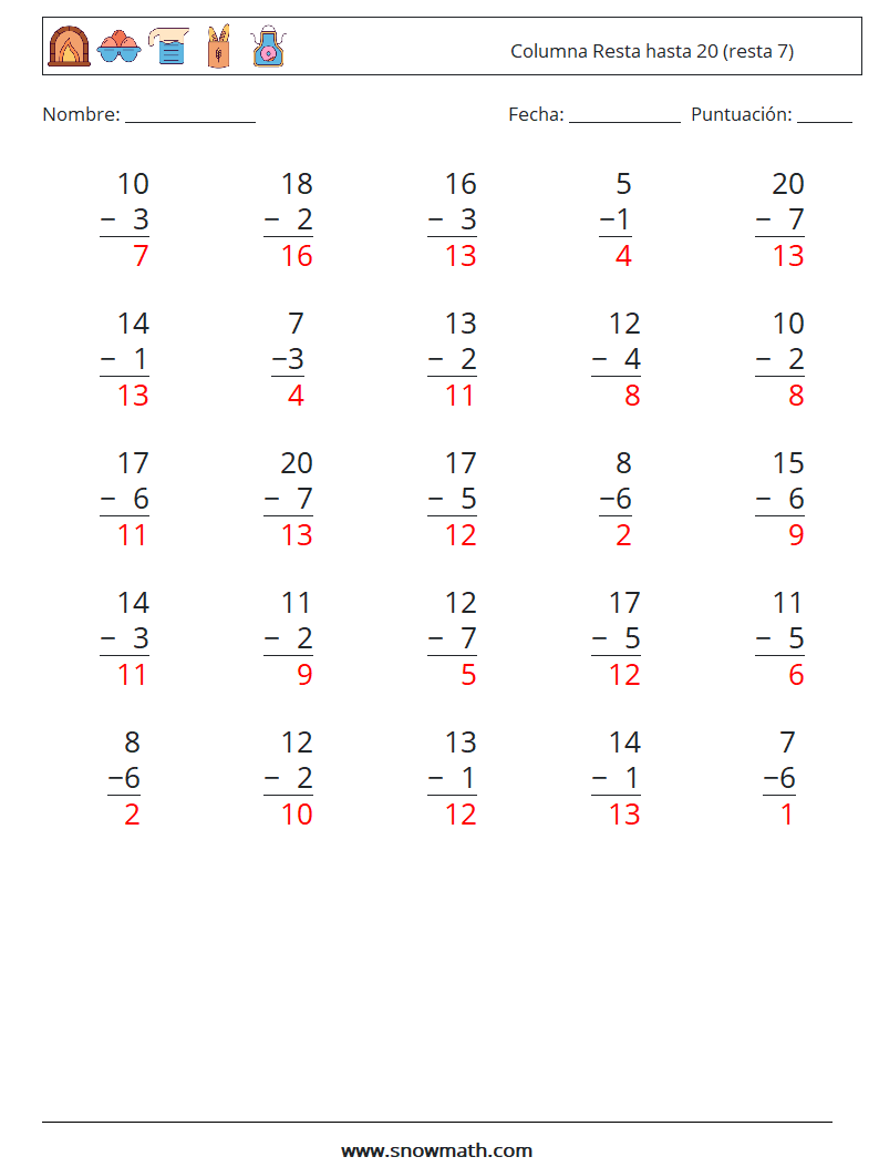 (25) Columna Resta hasta 20 (resta 7) Hojas de trabajo de matemáticas 6 Pregunta, respuesta