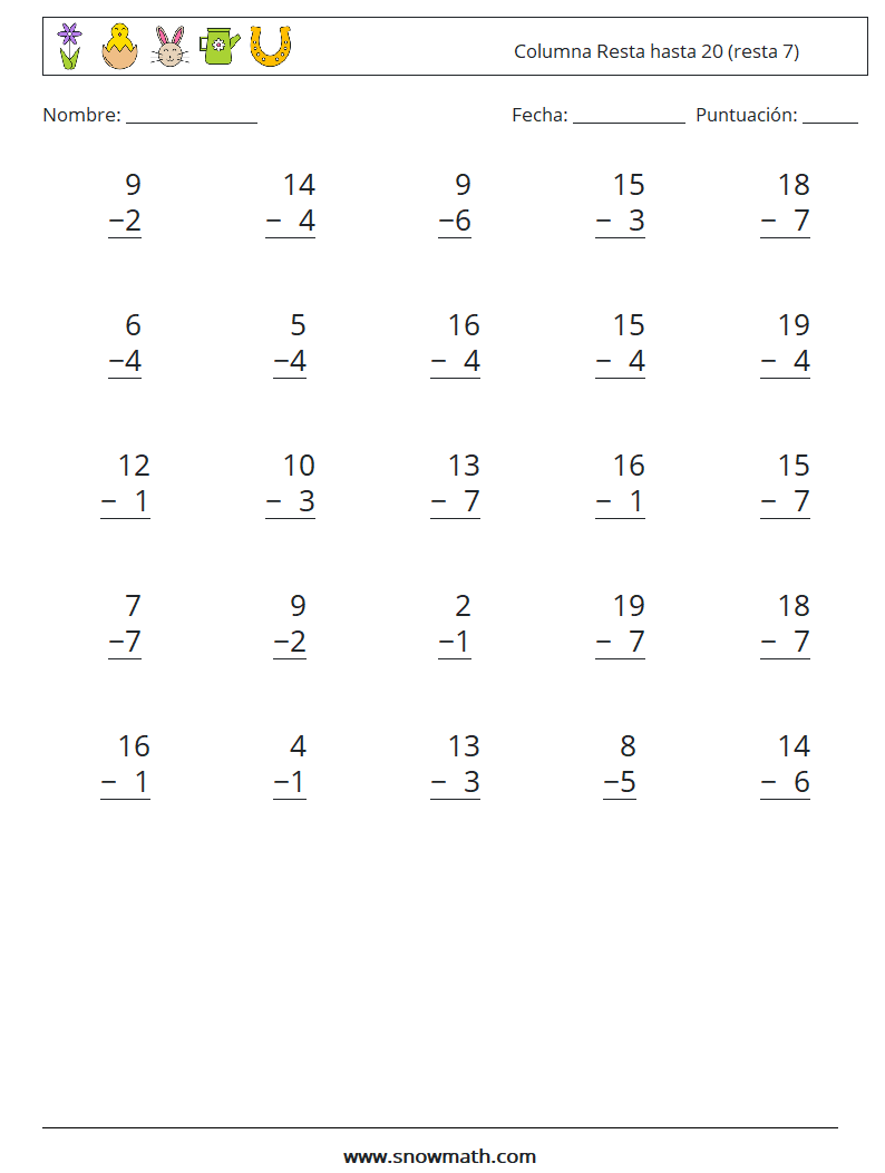 (25) Columna Resta hasta 20 (resta 7) Hojas de trabajo de matemáticas 8