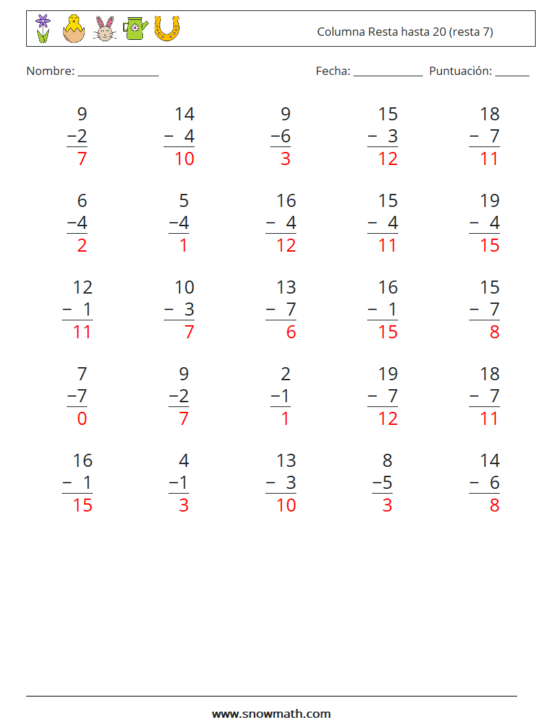 (25) Columna Resta hasta 20 (resta 7) Hojas de trabajo de matemáticas 8 Pregunta, respuesta