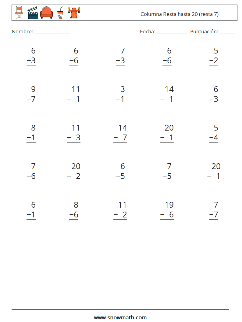 (25) Columna Resta hasta 20 (resta 7) Hojas de trabajo de matemáticas 9