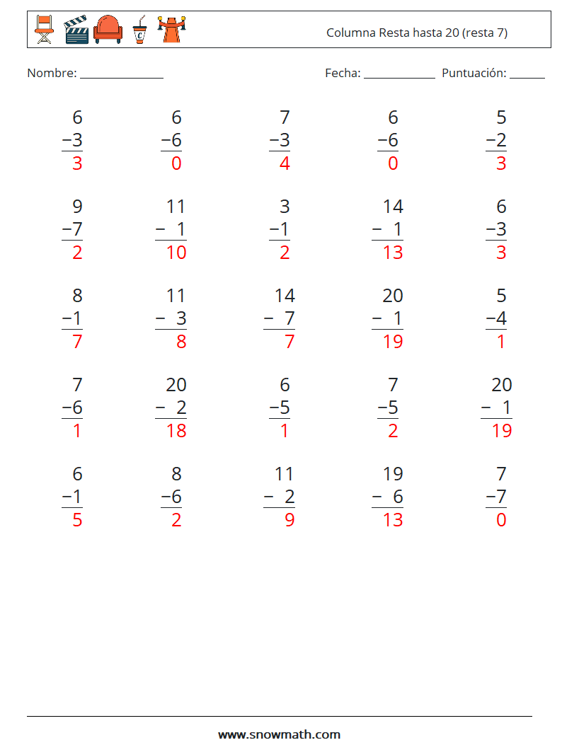 (25) Columna Resta hasta 20 (resta 7) Hojas de trabajo de matemáticas 9 Pregunta, respuesta