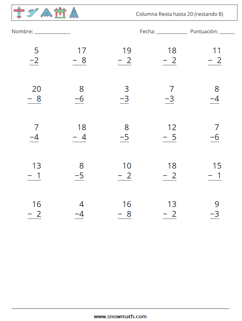 (25) Columna Resta hasta 20 (restando 8) Hojas de trabajo de matemáticas 10