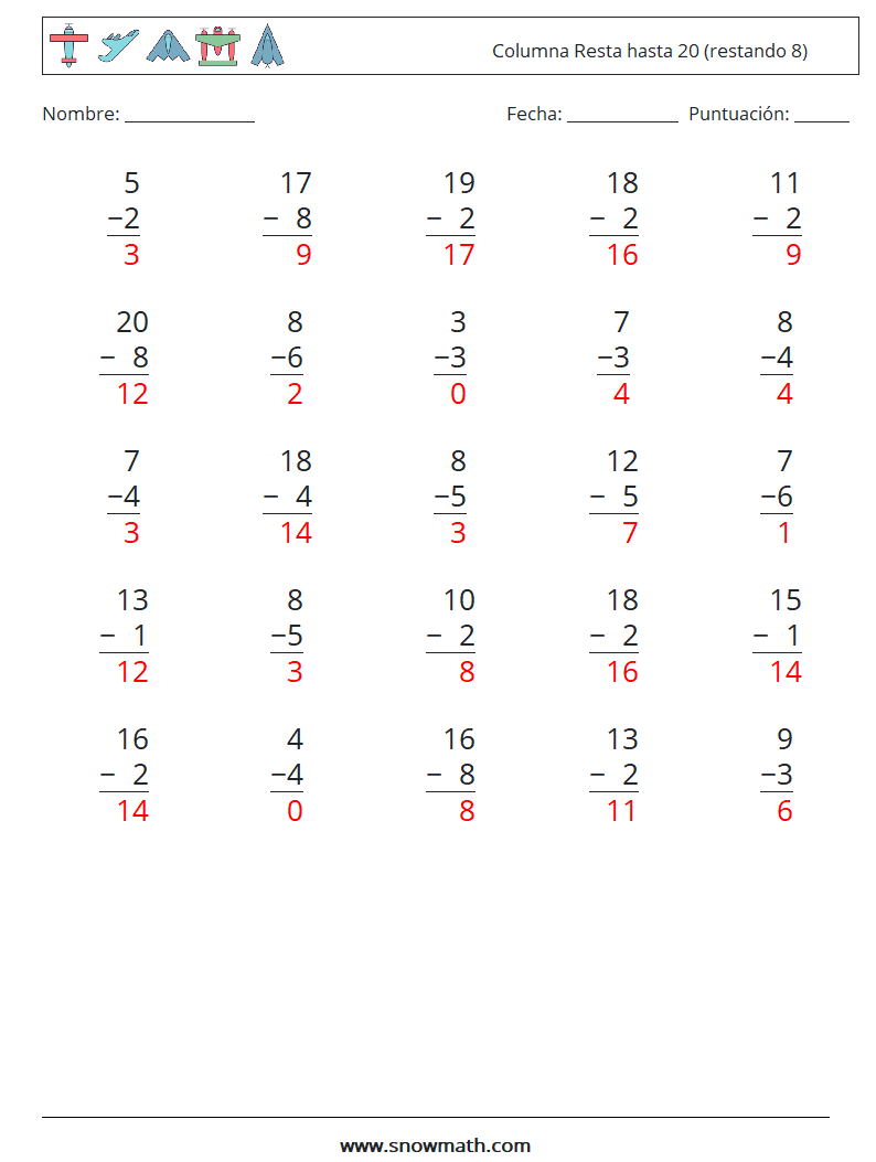 (25) Columna Resta hasta 20 (restando 8) Hojas de trabajo de matemáticas 10 Pregunta, respuesta