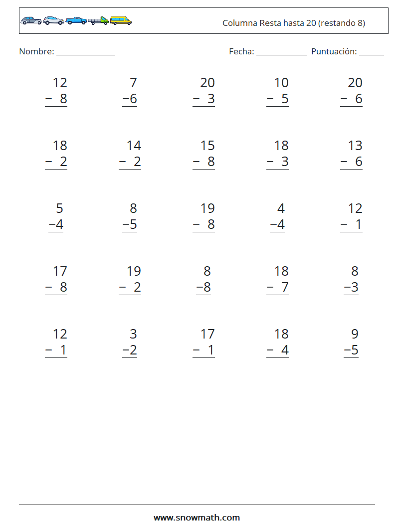 (25) Columna Resta hasta 20 (restando 8) Hojas de trabajo de matemáticas 11