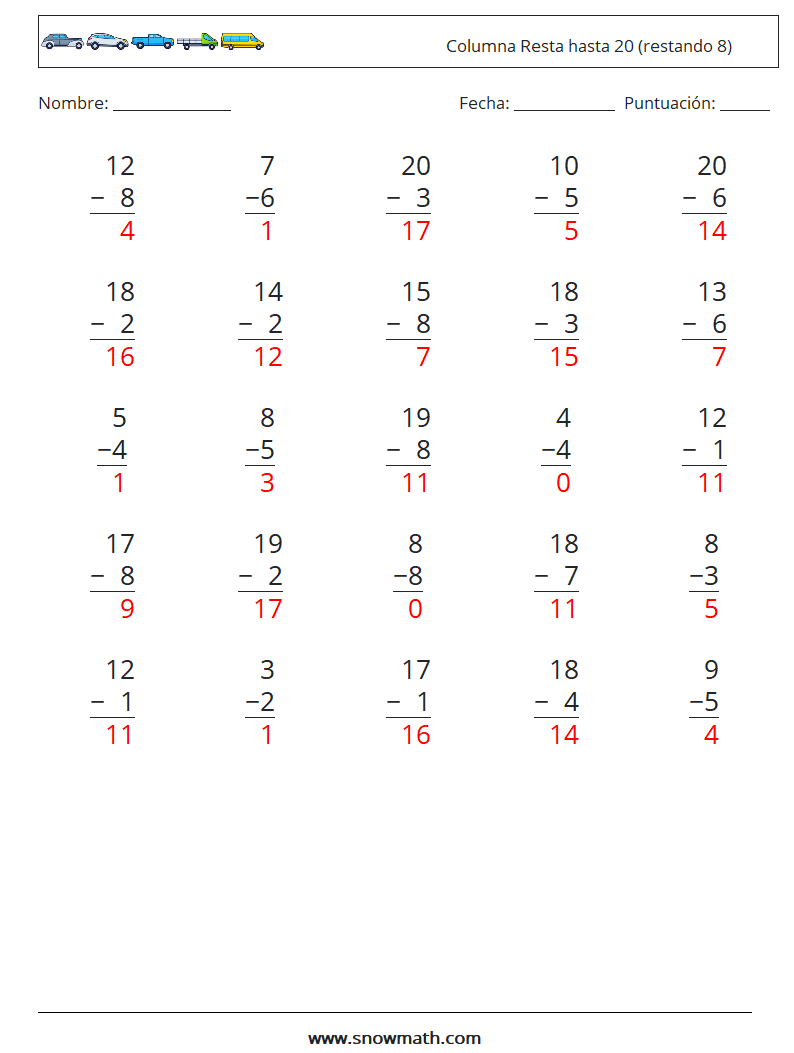 (25) Columna Resta hasta 20 (restando 8) Hojas de trabajo de matemáticas 11 Pregunta, respuesta